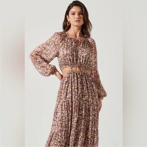 ASTR The Label FREYA FLORAL CUTOUT MIDRIFF MAXI DRESS sz large pink brown floral